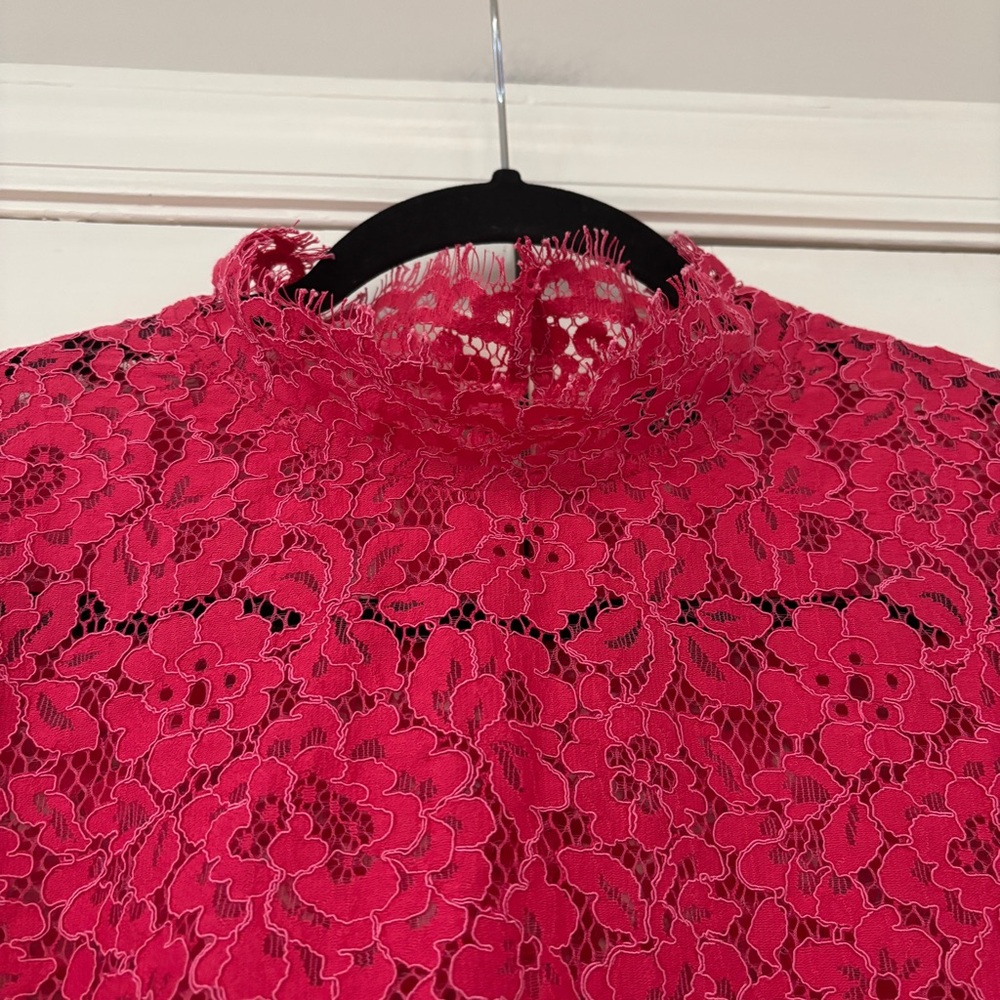 J. Crew Scalloped Lace Mockneck Top Vibrant Pink Lace Blouse Size 14‎ Sheer Glam - Picture 9 of 12